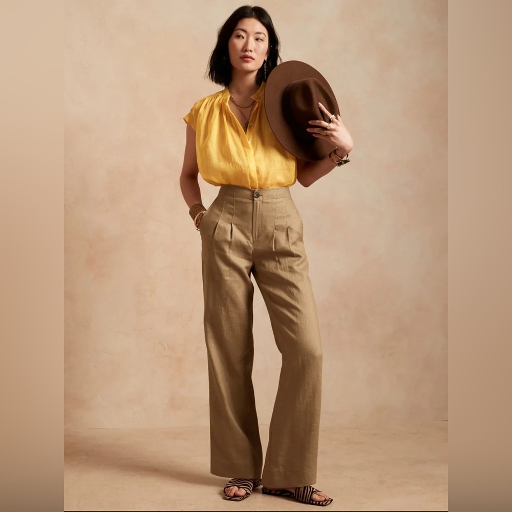 Banana Republic High Rise Pleated Linen Pants Womens 8 Brown Iced Latte Wide Leg